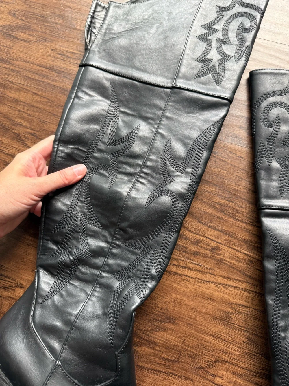 Black Leather Embroidered over Knee Amazon Boots size 9